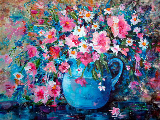 Blossoms in a Blue Vase - Canvas Print